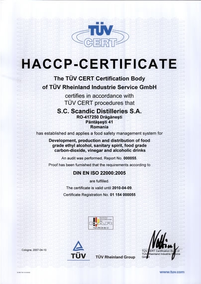 TUV HACCP Certificate Scandic Distilleries